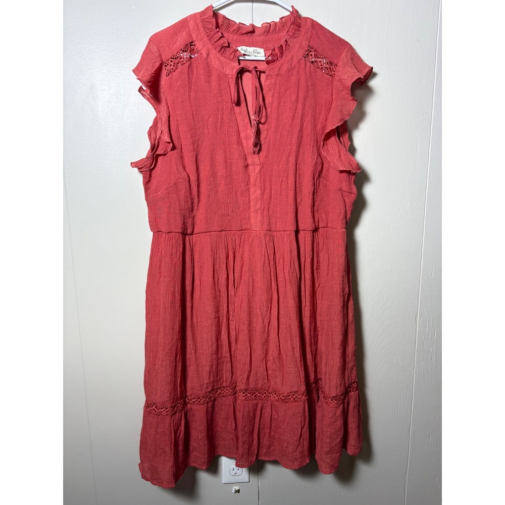 Indigo Rose Women 3X Coral Pink Lace Trim Ruffle Neck Sleeveless Babydoll Dress